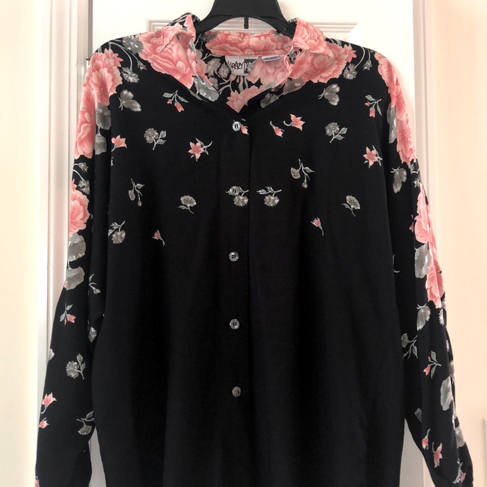 Krazy Kat Black Blouse With Faded Roses Pattern